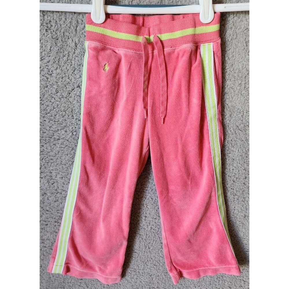 Ralph Lauren Girls Pull On Elastic Waist Velour Track Pants Pink/Green‎ Size 4